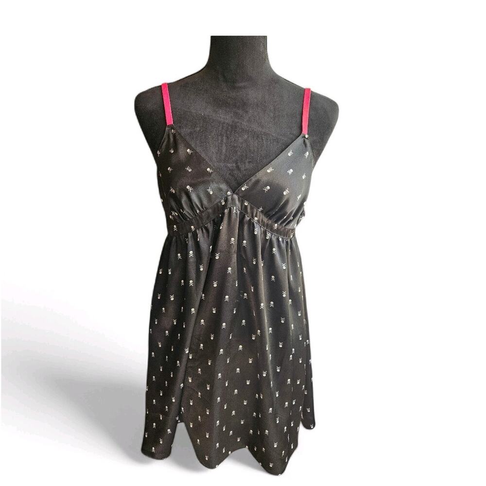 Betsey Johnson Intimates Satin Skull Print Chemise Babydoll Slip Black Pink sz S